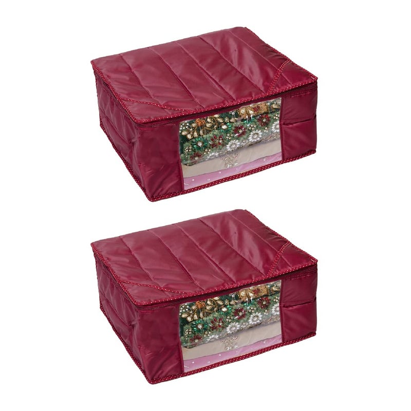 niru ShubhKraft Parachute Material Quilted Saree CoverWith Zip Closure And Transparent WindowWater Resistant Wardrobe Organizer Pack of 2 Maroon - Image 1