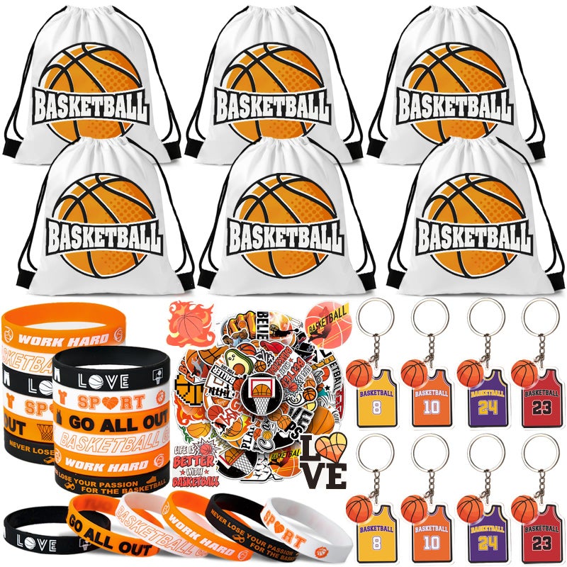 SNLN 12 Sets Basketball Party Favors Basketball Goodie Bags for Boys Includes Drawstring Bag Silicone Bracelet Keychain Tattoo Sticker for Sports Goodie Bags Basketball Birthday Party Supplies Decor - Image 3