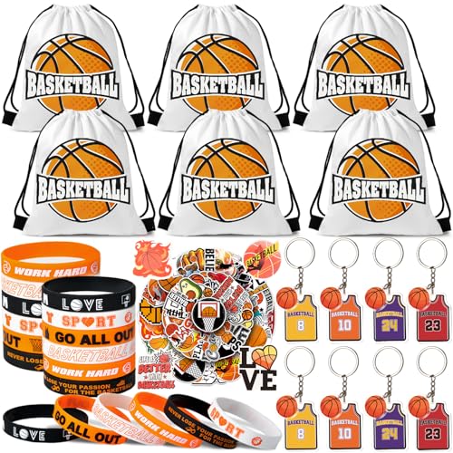 SNLN 12 Sets Basketball Party Favors Basketball Goodie Bags for Boys Includes Drawstring Bag Silicone Bracelet Keychain Tattoo Sticker for Sports Goodie Bags Basketball Birthday Party Supplies Decor - Image 1
