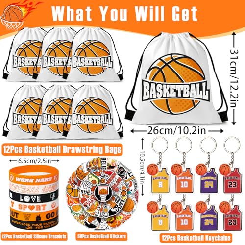 SNLN 12 Sets Basketball Party Favors Basketball Goodie Bags for Boys Includes Drawstring Bag Silicone Bracelet Keychain Tattoo Sticker for Sports Goodie Bags Basketball Birthday Party Supplies Decor - Image 5