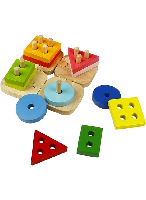 Shape Stacking Puzzle - 12 Pieces, Geometric Wooden Shape Sorter Puzzle | Multi-colorwooden Sorting And Stacking Toys for Toddlers | Educational Geometric Sorting Board For Kids 3 Years and Up