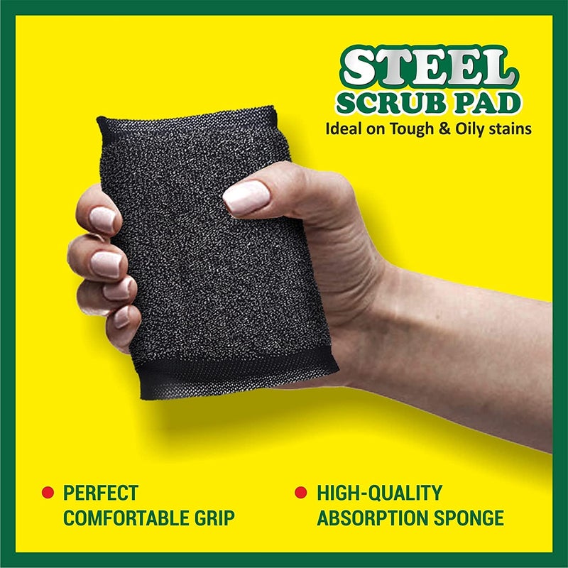Magic Providers Super Tough Steel Sponge Foam Scrub Pad with Foam Pack of 6 Best for Utensils Cleaning in Kitchen Long Lasting Stain Removal Scrubber for Dish wash Liquid - Image 2