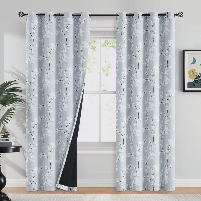 FMFUNCTEX 100% Blackout Floral Curtains for Bedroom  Grey Curtains 90 inches Long Blossom Flower Patterned for Living Room Thermal Insulated Farmhouse Drapes  Grommet Top 2 Panels (White on Grey) - Image 1