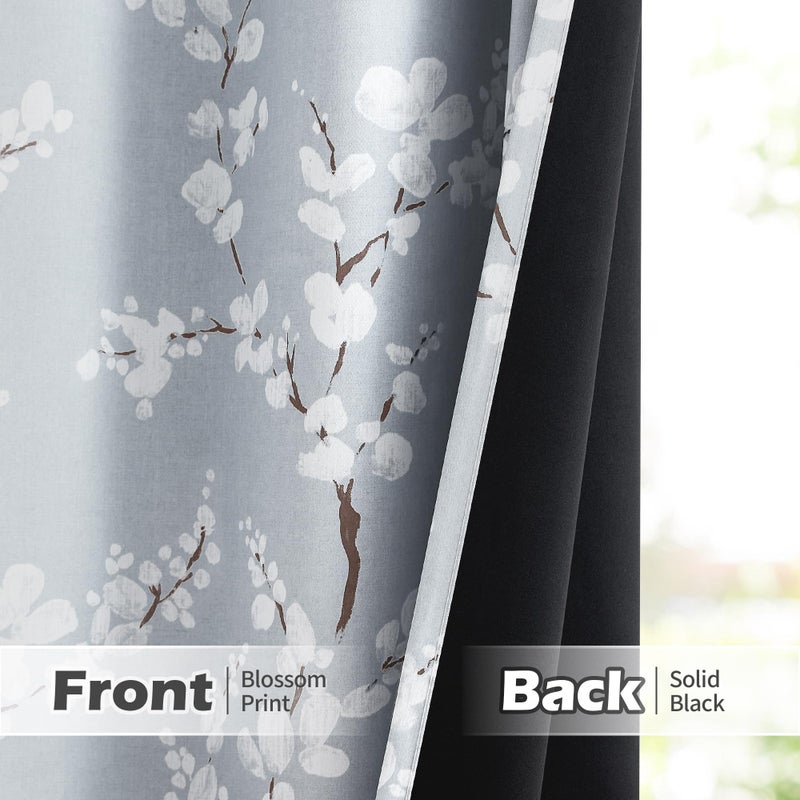 FMFUNCTEX 100% Blackout Floral Curtains for Bedroom  Grey Curtains 90 inches Long Blossom Flower Patterned for Living Room Thermal Insulated Farmhouse Drapes  Grommet Top 2 Panels (White on Grey) - Image 3
