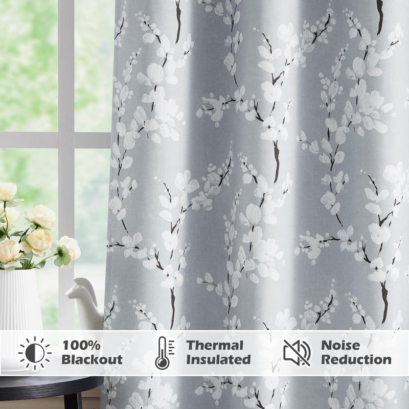 FMFUNCTEX 100% Blackout Floral Curtains for Bedroom  Grey Curtains 90 inches Long Blossom Flower Patterned for Living Room Thermal Insulated Farmhouse Drapes  Grommet Top 2 Panels (White on Grey) - Image 4
