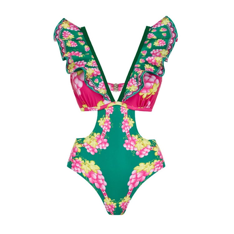 2024 European and American New Swimwear Womens Deep V Ruffled Color-matching Retro Printed Swimsuit suit Cross-border 25019 Ruffled Cutout Swimsuit