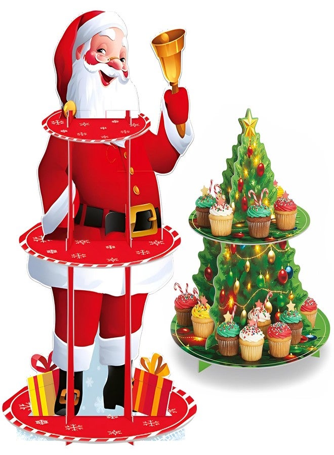 KatchOn, Christmas Cupcake Stand - Pack of 2 | Xmas Tree and Santa Cake Stand for Christmas Decorations Indoor | Cardboard Cupcake Holder 3 Tier Santa Cupcake Stand | Birthday Christmas Party Supplies - Image 1