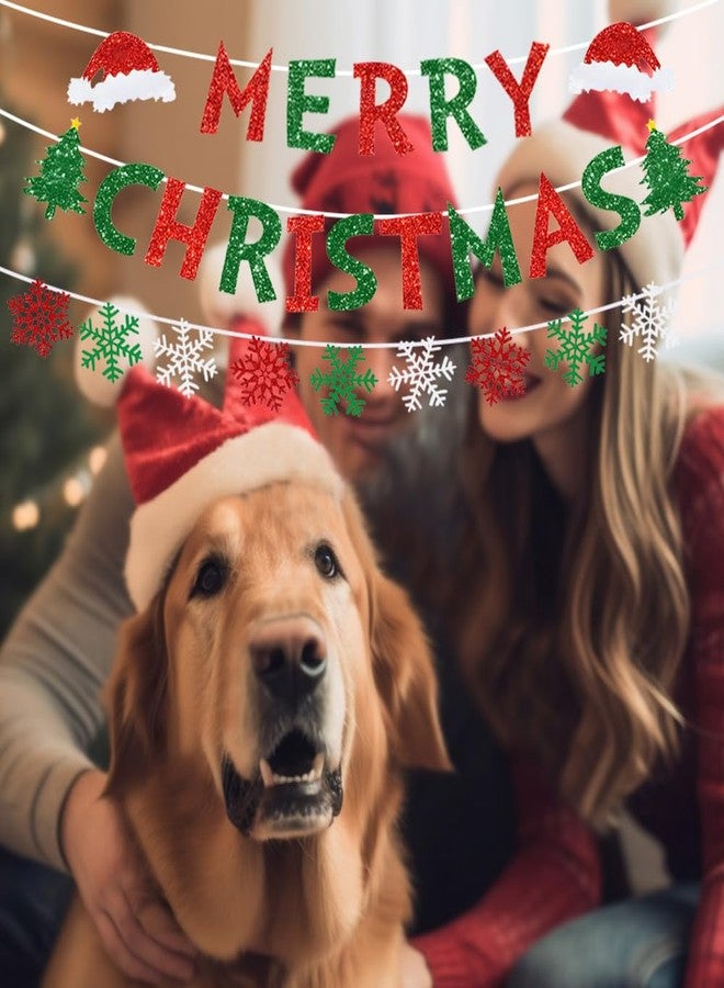 Yahpetes Merry Christmas Banner - Red Green Glitter Snowflake Bunting Banner Xmas Paper Decorations for Indoor, Home Office Party Fireplace Mantle Farmhouse Decor - Image 3
