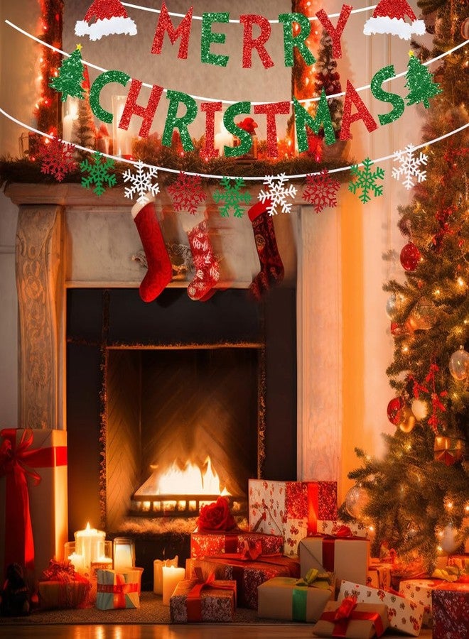 Yahpetes Merry Christmas Banner - Red Green Glitter Snowflake Bunting Banner Xmas Paper Decorations for Indoor, Home Office Party Fireplace Mantle Farmhouse Decor - Image 5