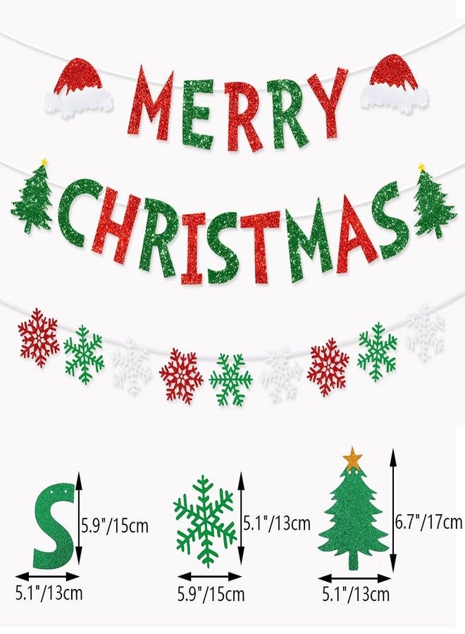 Yahpetes Merry Christmas Banner - Red Green Glitter Snowflake Bunting Banner Xmas Paper Decorations for Indoor, Home Office Party Fireplace Mantle Farmhouse Decor - Image 4