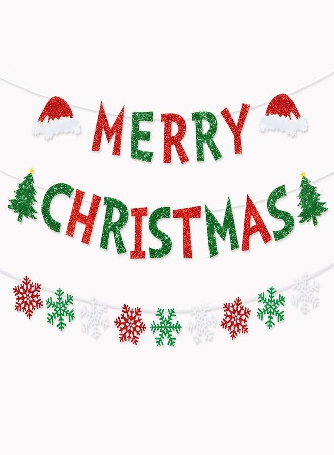 Yahpetes Merry Christmas Banner - Red Green Glitter Snowflake Bunting Banner Xmas Paper Decorations for Indoor, Home Office Party Fireplace Mantle Farmhouse Decor - Image 1