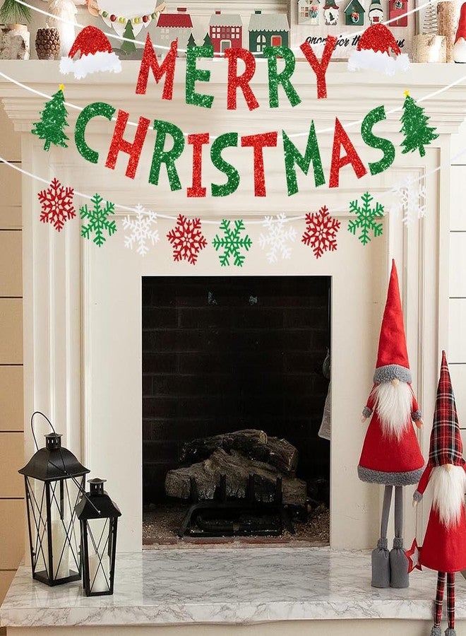 Yahpetes Merry Christmas Banner - Red Green Glitter Snowflake Bunting Banner Xmas Paper Decorations for Indoor, Home Office Party Fireplace Mantle Farmhouse Decor - Image 2