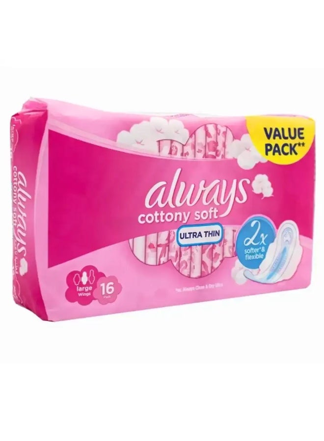 Always Cottony Soft Ultra-Thin, Softer Flexible Pads with Large Wings- 16pcs - Image 1