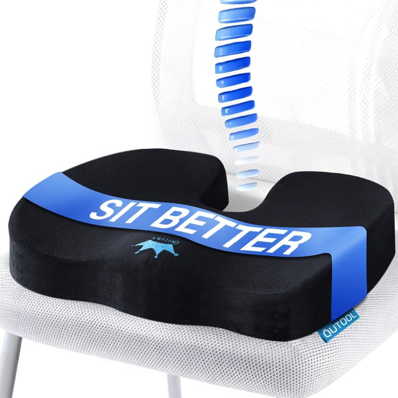 QUTOOL Seat Cushion for Office Chair & Car - Memory Foam Coccyx Support Pillow with Non-Slip Cover, Sciatica & Lower Back Pain Relief,Ergonomic Seat Pad for Long Drives (Medium Firm-Black) - Image 1