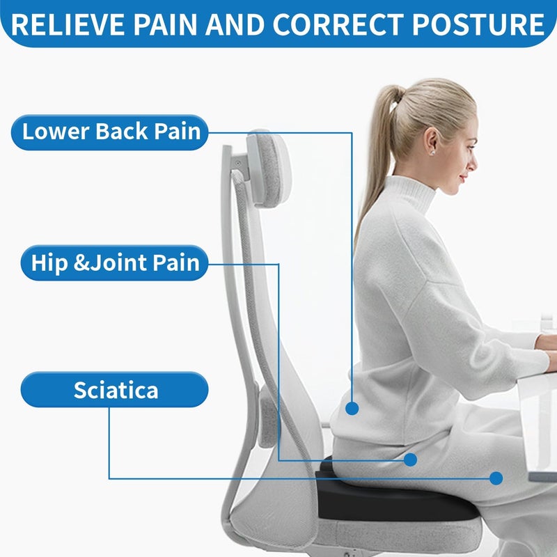 QUTOOL Seat Cushion for Office Chair & Car - Memory Foam Coccyx Support Pillow with Non-Slip Cover, Sciatica & Lower Back Pain Relief,Ergonomic Seat Pad for Long Drives (Medium Firm-Black) - Image 2