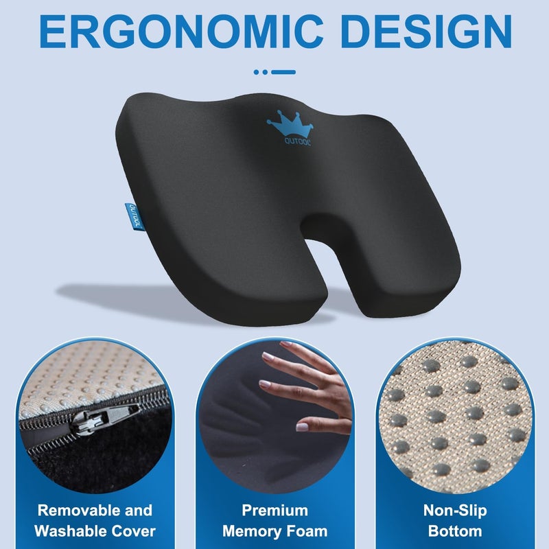QUTOOL Seat Cushion for Office Chair & Car - Memory Foam Coccyx Support Pillow with Non-Slip Cover, Sciatica & Lower Back Pain Relief,Ergonomic Seat Pad for Long Drives (Medium Firm-Black) - Image 5