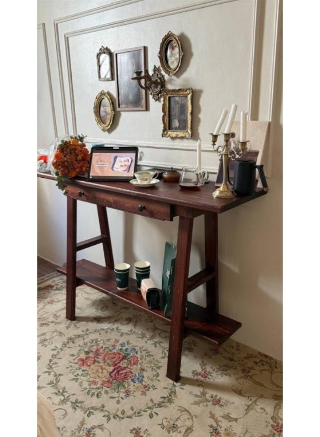 A-Frame Rustic Wooden Console & Coffee Bar Table with Single Storage Drawer and Lower Shelf - Dark Brown - Image 1