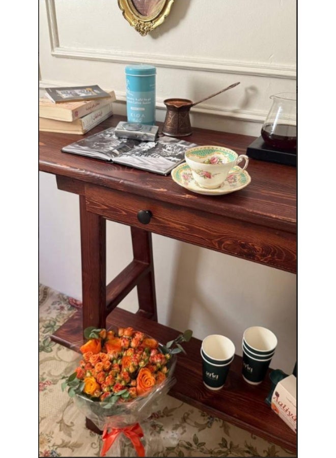 A-Frame Rustic Wooden Console & Coffee Bar Table with Single Storage Drawer and Lower Shelf - Dark Brown - Image 2