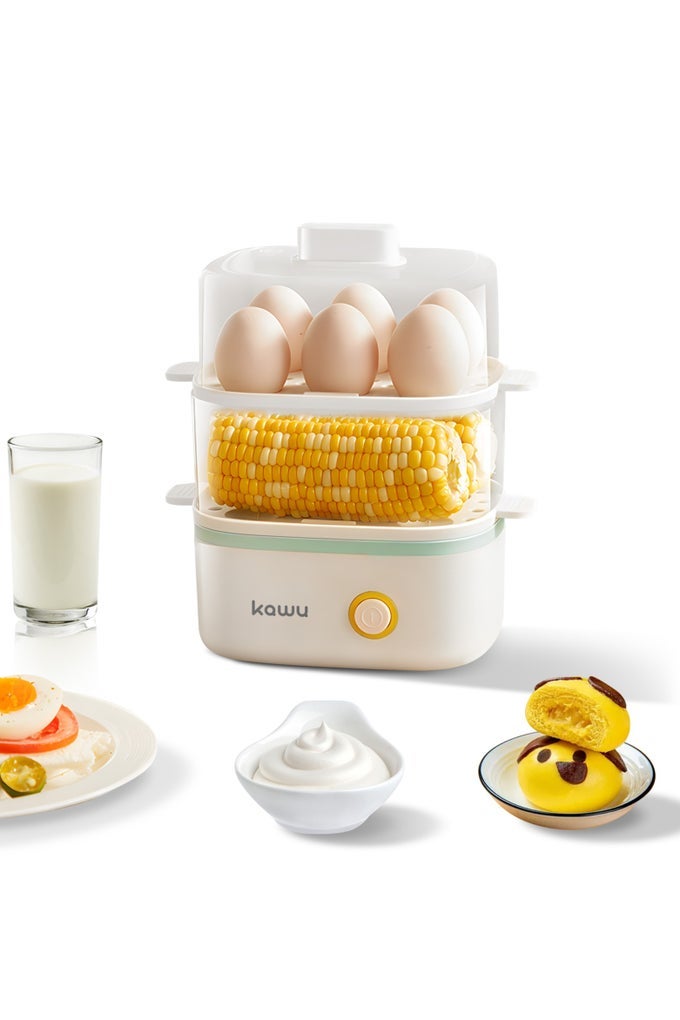 RAPID EGG COOKER BOILER FOOD STEAMER, DOUBLE-LAYER ELECTRIC BREAKFAST MAKER WITH AUTOMATIC SHUT OFF,12 EGG CAPACITY, SUITABLE FOR BOILED EGG, STEAMED CORN, BUN, PILAF, SNACK, DESSERT AND MORE