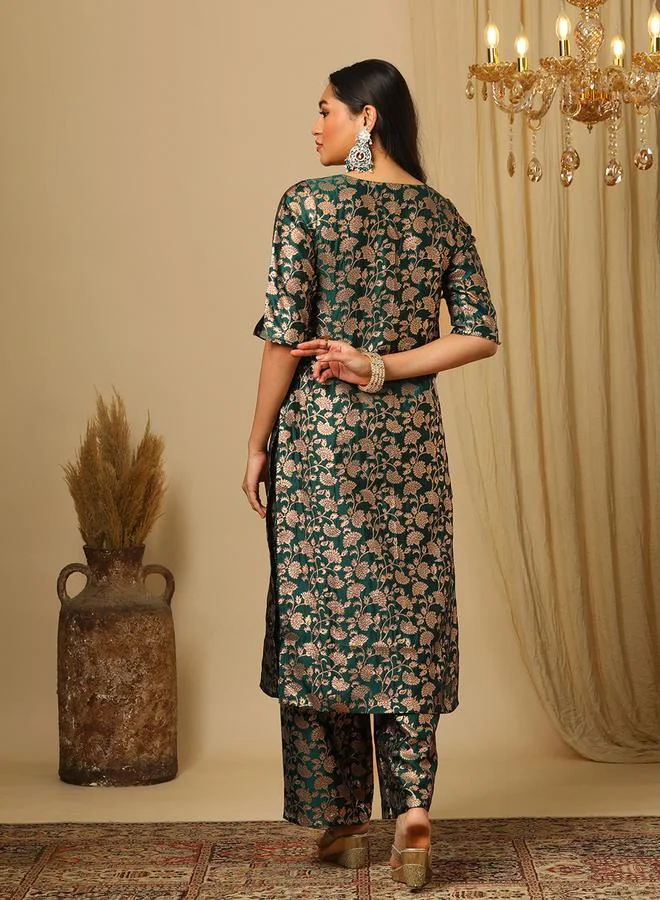 Globus  Green Round Neck Floral Print Straight Kurta and Elasticated Pants Set for Women | Best Price UAE