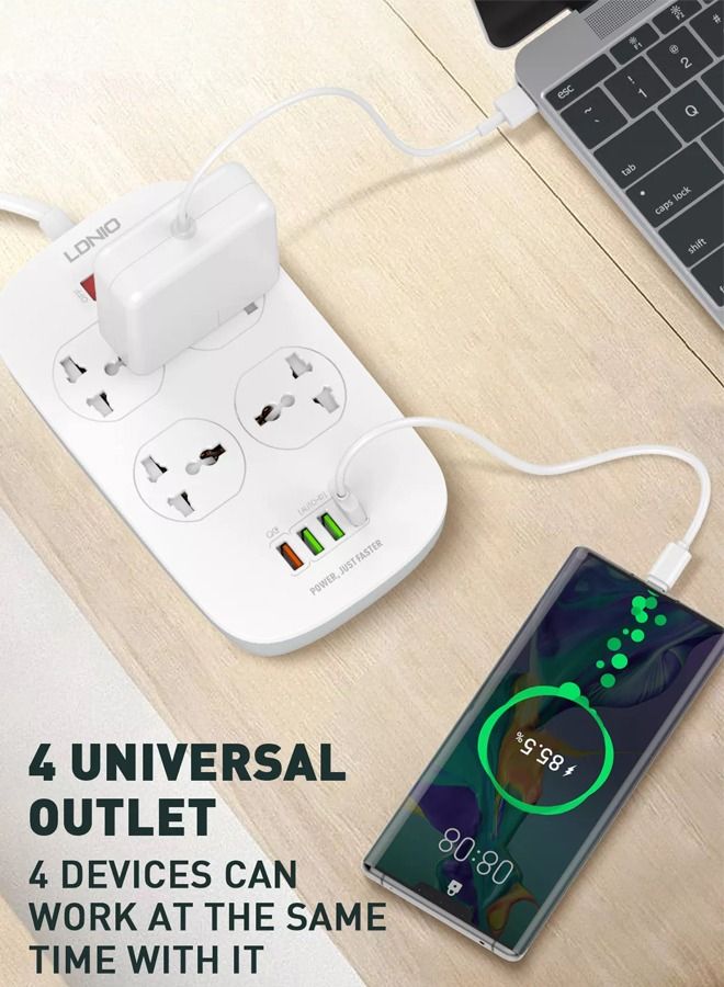 Smart 2500W 10A Extension with 4 Power Sockets and 18W USB Ports | Defender Series Power Strip with QC USB Port Fast Charging | 2M Power Cord 
