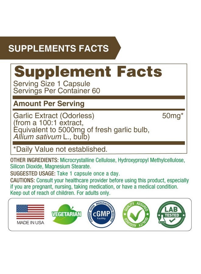 Lovita Odorless Garlic Extract | 50 mg, 100:1 High Concentrate | 1.25% Allicin | Gluten-Free | Support Immune & Cardiovascular Health | 60 Vegan Capsules (Pack of 3) - Image 4