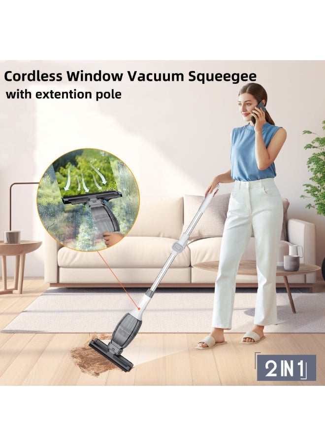 2-in-1 Electric Window Vacuum Squeegee with Extension Pole, Spray Bottle, USB Charge Cable, Extendable Cordless Window Cleaner for Efficiently Wiping and Vacuuming Windows, Mirrors, Shower Glass, Tiles and Countertops