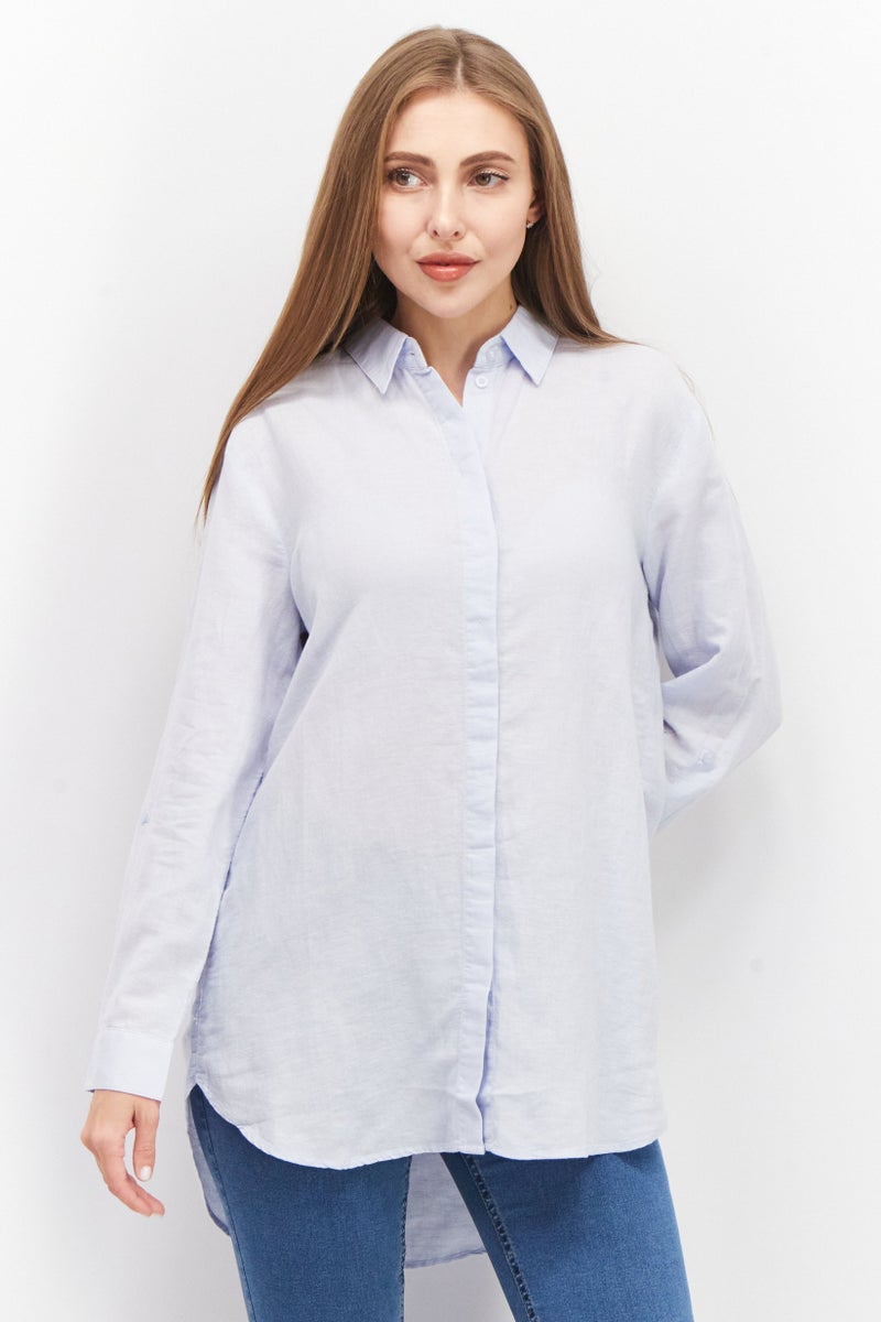 ESPRIT Women Spread Collar Long Sleeves Textured Shirt, Sage Blue - Image 1