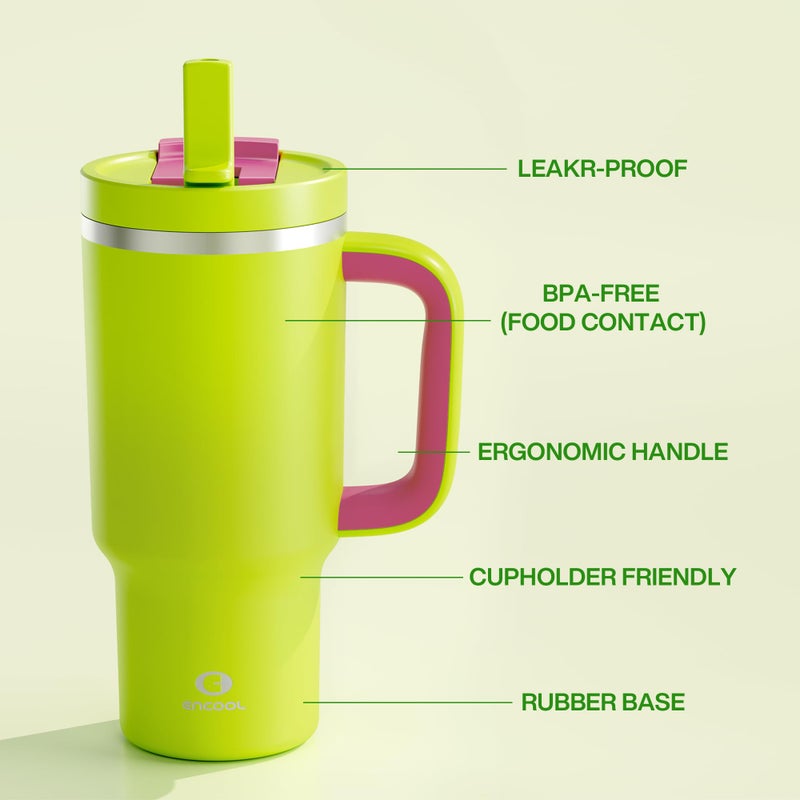 ENCOOL 32 oz Tumbler with Handle and Straw: Stainless Steel Insulated Tumbler Keeps Cold for 24 Hours, Leakproof Travel Cup Fits in Cup Holder and BPA-Free,Acid Green - Image 4