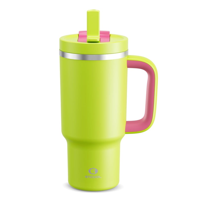 ENCOOL 32 oz Tumbler with Handle and Straw: Stainless Steel Insulated Tumbler Keeps Cold for 24 Hours, Leakproof Travel Cup Fits in Cup Holder and BPA-Free,Acid Green - Image 1