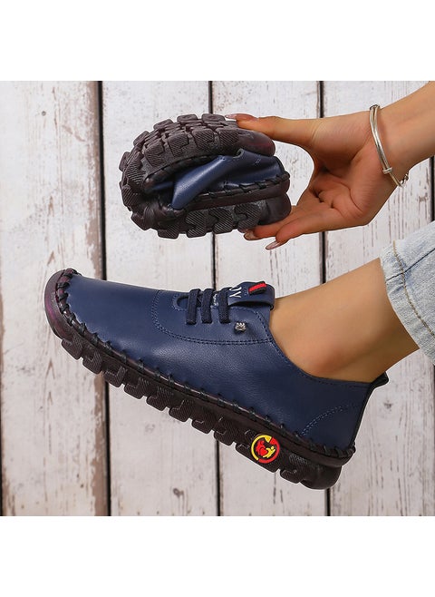 2024 New Womens Soft Bottom Soft Leather Casual Shoes Plus Size 36-45 White Color Cross-Border E-commerce Zapatos Mujer Dark blue
