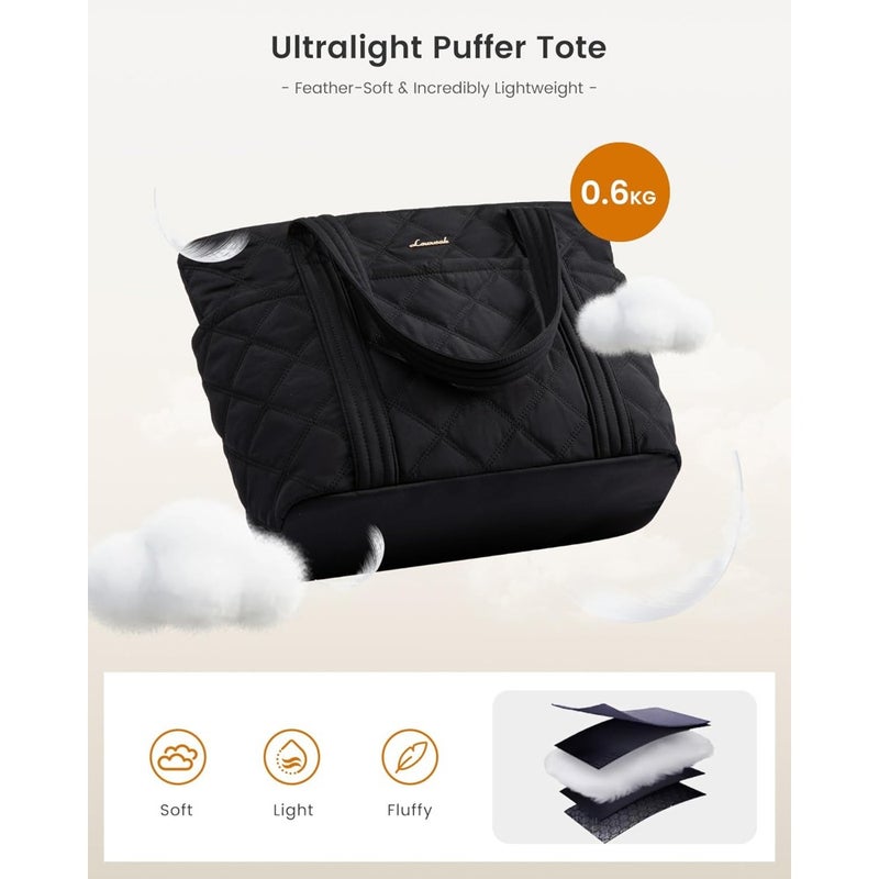 LOVEVOOK Puffer Tote Bag for Women Puffy Work Handbag Travel Shoulder Carry-On Bag with Zipper For Teacher Nurse Gym Lightweight Quilted Nylon 15.7 x 11.8 x 6.3 Black - Image 5