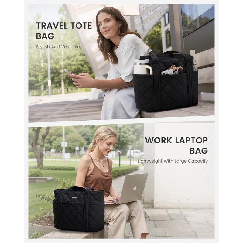 LOVEVOOK Puffer Tote Bag for Women Puffy Work Handbag Travel Shoulder Carry-On Bag with Zipper For Teacher Nurse Gym Lightweight Quilted Nylon 15.7 x 11.8 x 6.3 Black - Image 2