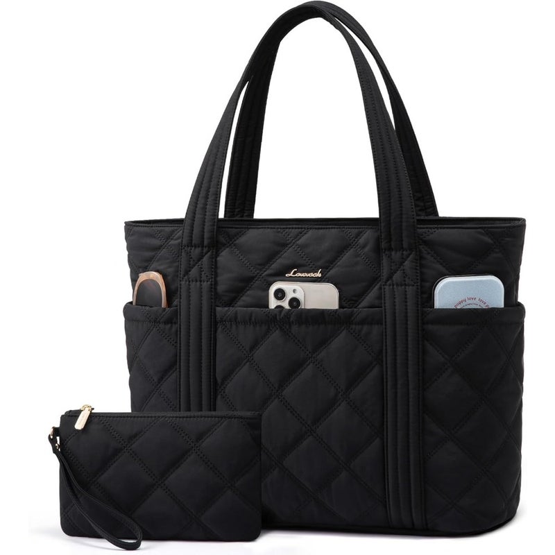 LOVEVOOK Puffer Tote Bag for Women Puffy Work Handbag Travel Shoulder Carry-On Bag with Zipper For Teacher Nurse Gym Lightweight Quilted Nylon 15.7 x 11.8 x 6.3 Black - Image 1