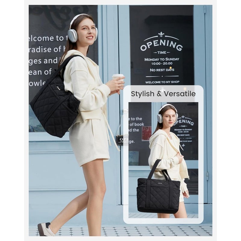 LOVEVOOK Puffer Tote Bag for Women Puffy Work Handbag Travel Shoulder Carry-On Bag with Zipper For Teacher Nurse Gym Lightweight Quilted Nylon 15.7 x 11.8 x 6.3 Black - Image 3