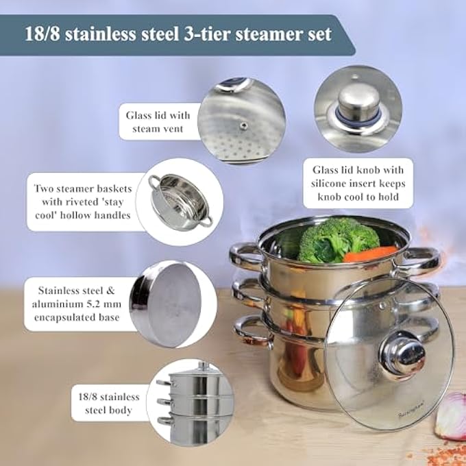 Buckingham Three Tier Steamer Set with Glass Lid 18 cm - Image 5