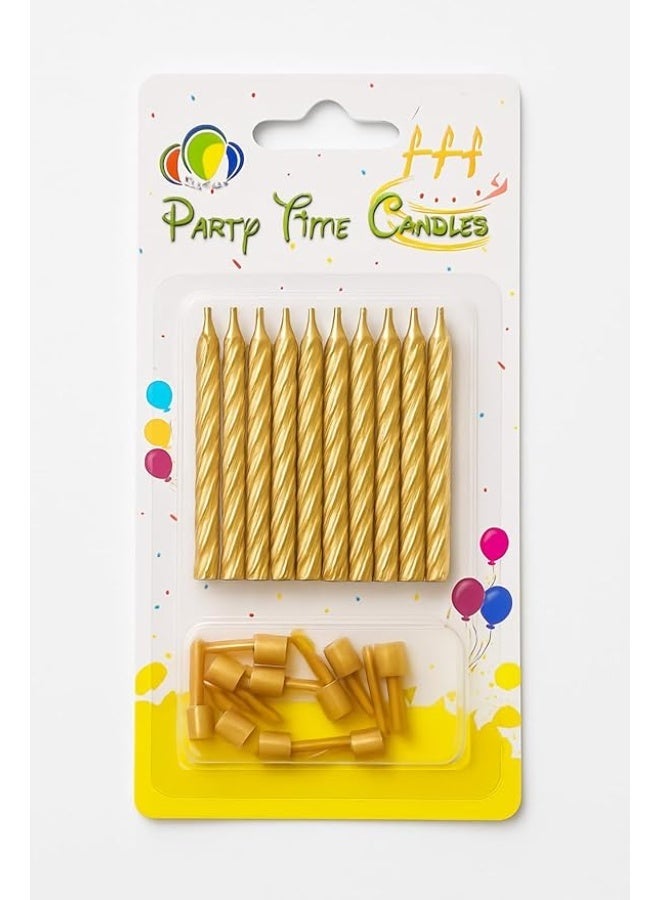 GINI 10 Piece Gold Spiral Birthday Candles with 10 Holders - Metallic Gold Cake Candles for Weddings, Parties & Celebrations - Cupcake & Cake Decoration Set - Image 1