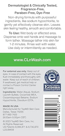 cln غسول الجسم العلاجي المطور من قبل الأطباء CLn للبشرة المعرضة للإكزيما والتهاب الجلد والطفح الجلدي والتهاب الجريبات الشعرية والشعر الناشئ ونتوءات الحلاقة وحب الشباب والعدوى 8 أونصة - Image 2