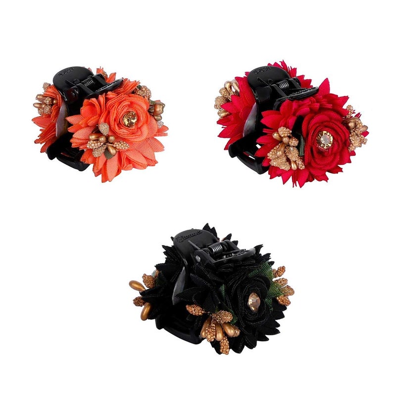 ACCESSHER Acrylic Material Multicolour Handcrafted Studded Flowers Embedded Hair ClutchersHair ClipsFloral Hair Accessories Pack Of 3 For Women And Girls