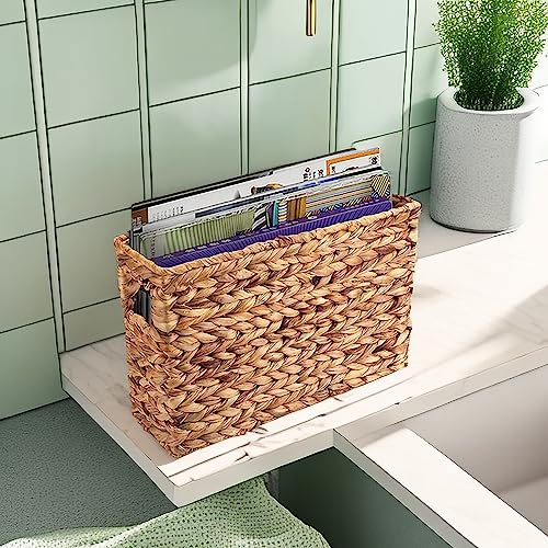 Yesland Hand-Woven Narrow Water Hyacinth Holder Wicker Basket, 15.5 x 5.5 x 9.75 Inch Decorative Magazine Storage Basket Bin for Home, Office, Desk - Image 4