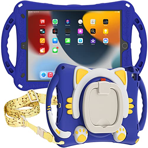 ProElite Tough Kids case Cover for Apple iPad 10.2" 9th/8th/7th Gen & iPad Air 10.5 with Rotating Kickstand & Shoulder Strap, Blue - Image 1