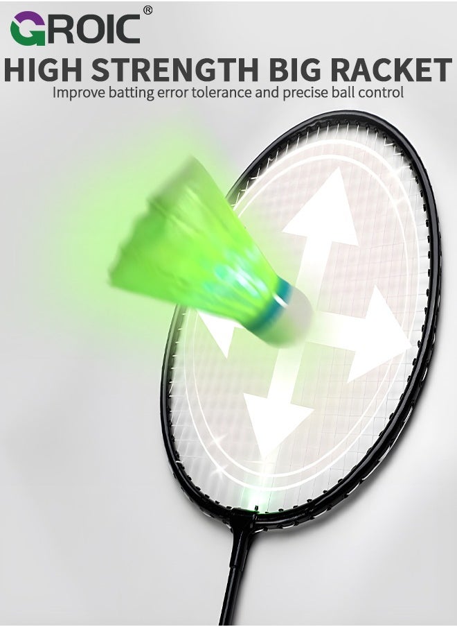 GROIC - 1 Pairs LED Badminton Rackets Set with 2 LED Glowing Badminton Balls and Carrying Bag Included, Glow in The Dark Badminton Racket Set Led Tennis Racket Set with 2 Light-up Badminton Balls - Image 1