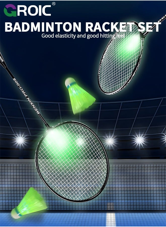 GROIC - 1 Pairs LED Badminton Rackets Set with 2 LED Glowing Badminton Balls and Carrying Bag Included, Glow in The Dark Badminton Racket Set Led Tennis Racket Set with 2 Light-up Badminton Balls - Image 1