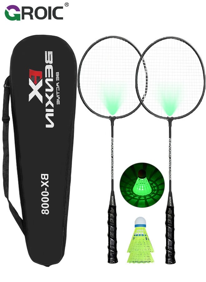 GROIC - 1 Pairs LED Badminton Rackets Set with 2 LED Glowing Badminton Balls and Carrying Bag Included, Glow in The Dark Badminton Racket Set Led Tennis Racket Set with 2 Light-up Badminton Balls - Image 1