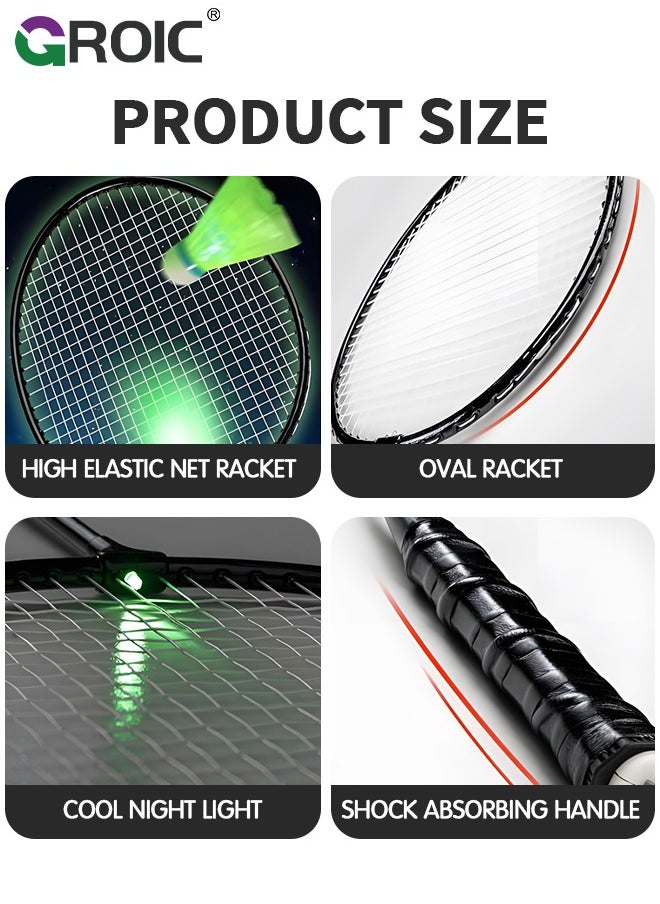GROIC - 1 Pairs LED Badminton Rackets Set with 2 LED Glowing Badminton Balls and Carrying Bag Included, Glow in The Dark Badminton Racket Set Led Tennis Racket Set with 2 Light-up Badminton Balls - Image 1