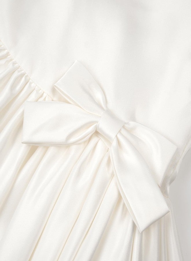 Uhnice Flower Girl Satin Dress Sleeveless Dresses with Detachable Bow for Wedding Party, Ivory, 5-6 Years - Image 4