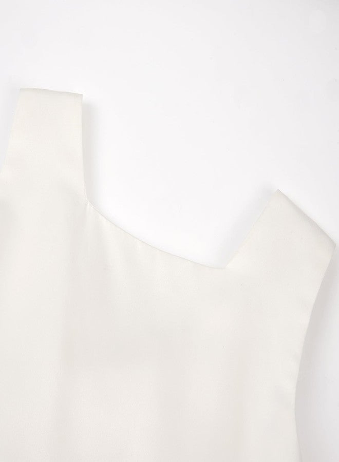Uhnice Flower Girl Satin Dress Sleeveless Dresses with Detachable Bow for Wedding Party, Ivory, 5-6 Years - Image 3