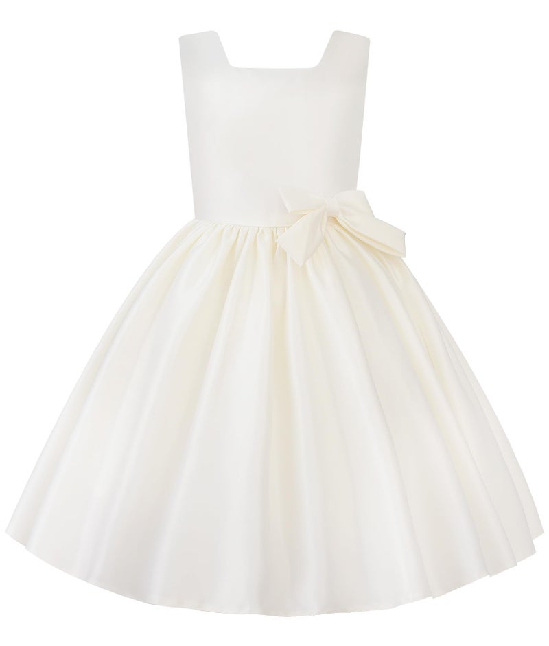 Uhnice Flower Girl Satin Dress Sleeveless Dresses with Detachable Bow for Wedding Party, Ivory, 5-6 Years - Image 1