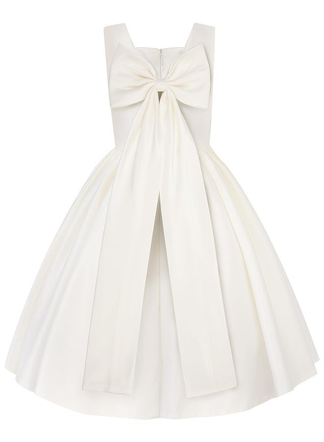 Uhnice Flower Girl Satin Dress Sleeveless Dresses with Detachable Bow for Wedding Party, Ivory, 5-6 Years - Image 2