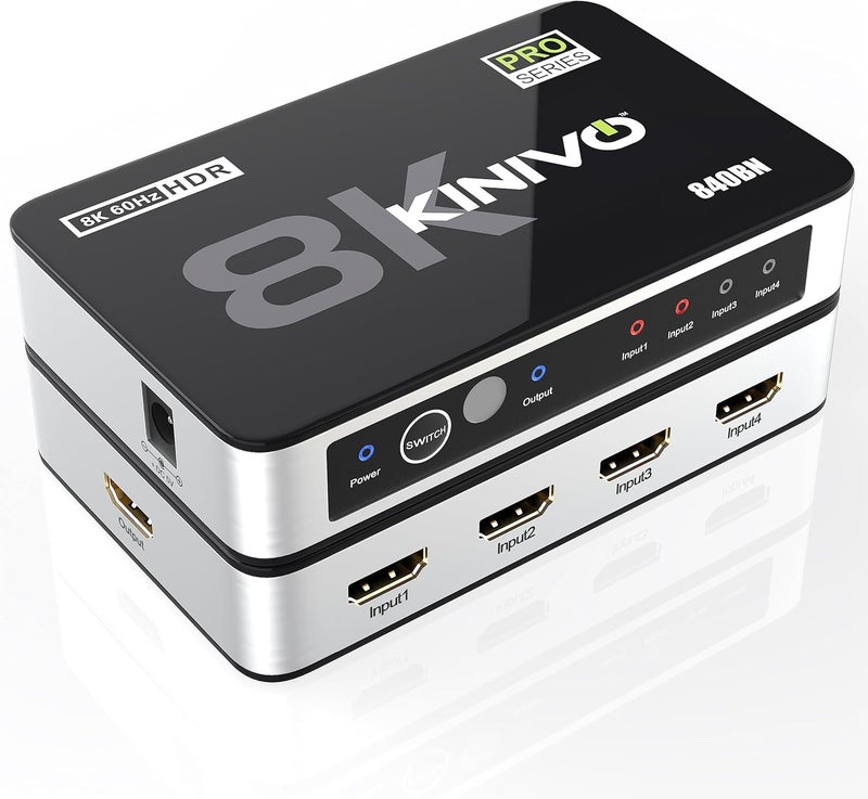 Kinivo 8K HDMI Switch (8K 60Hz, 4 in 1 Out, 48Gbps HDMI 2.1 Hub, Ultra HD Switcher, HDR10+, Dolby Atmos) - Compatible with HDTV, Nintendo Switch 2, PS5, Xbox, Apple TV - Image 1